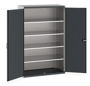 Heavy Duty Bott cubio cupboard with perfo panel lined hinged doors. 1300mm wide x 650mm deep x 2000mm high with 4 x160kg capacity shelves.... Bott Tool Storage Cupboards for workshops with Shelves and or Perfo Doors